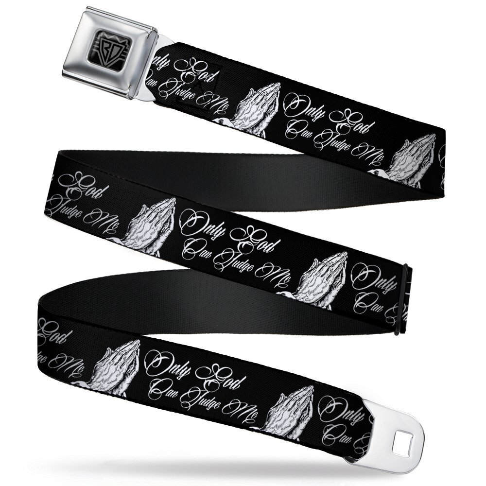 3285 Seatbelt Belt - ONLY GOD CAN JUDGE ME Script/Praying Hands Black/White